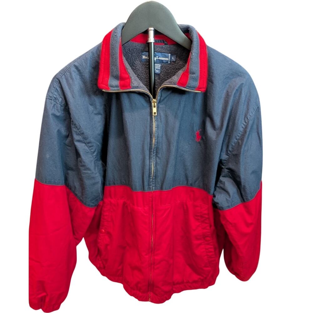 Vintage 90s Ralph Lauren Jacket L Red Navy Fleece Lined Colorblock Polo